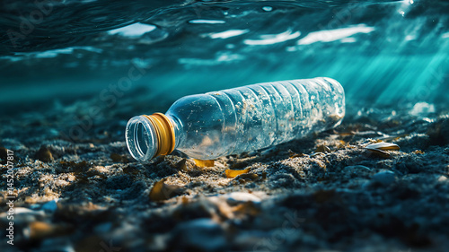 A plastic bottle lying on the sand under the river