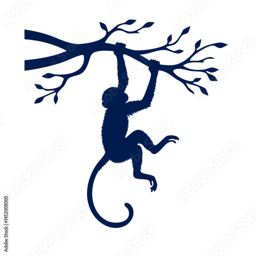 Monkey Silhouette Hanging on Tree Branch: Jungle Wildlife Vector Graphic