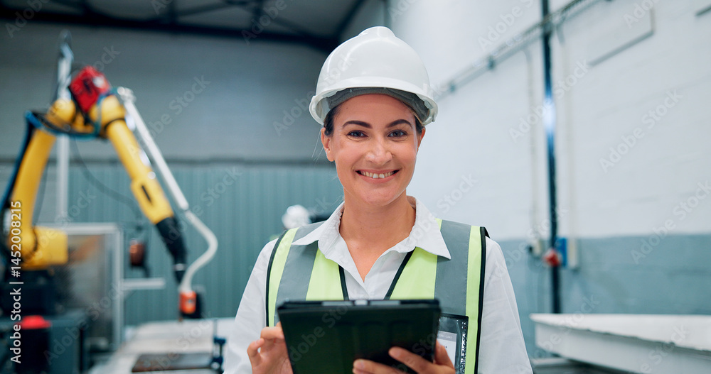 Portrait, woman and engineer with tablet at factory of machine inspection, research and technical guide. Female technician, digital and production manual, automation safety and robotics manufacturing Portrait, woman and engineer with tablet at factory of machine inspection, research and technical guide. Female technician, digital and production manual, automation safety and robotics manufacturing