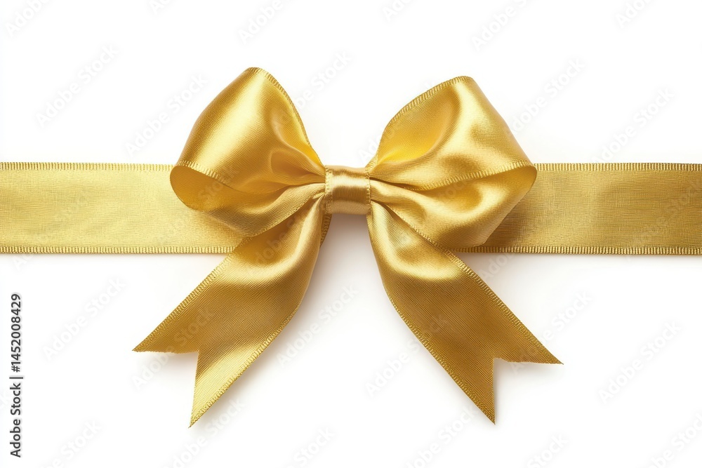 A golden ribbon tied in a bow centered on a white surface close up view A golden ribbon tied in a bow centered on a white surface close up view