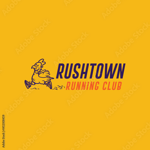mascot logo design, with a running chicken wearing shoes. with a fun and modern look.