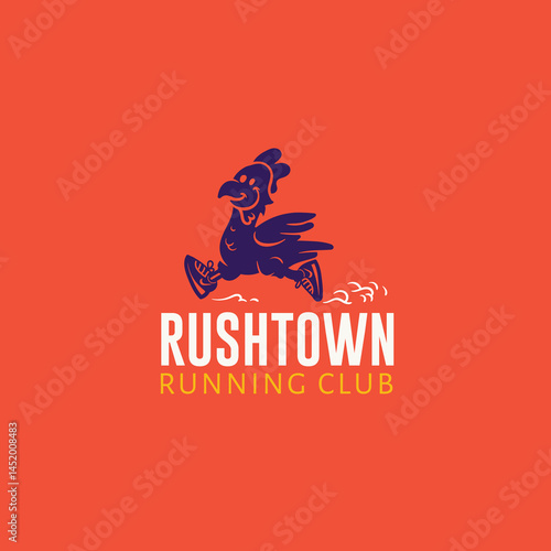 mascot logo design, with a running chicken wearing shoes. with a fun and modern look.