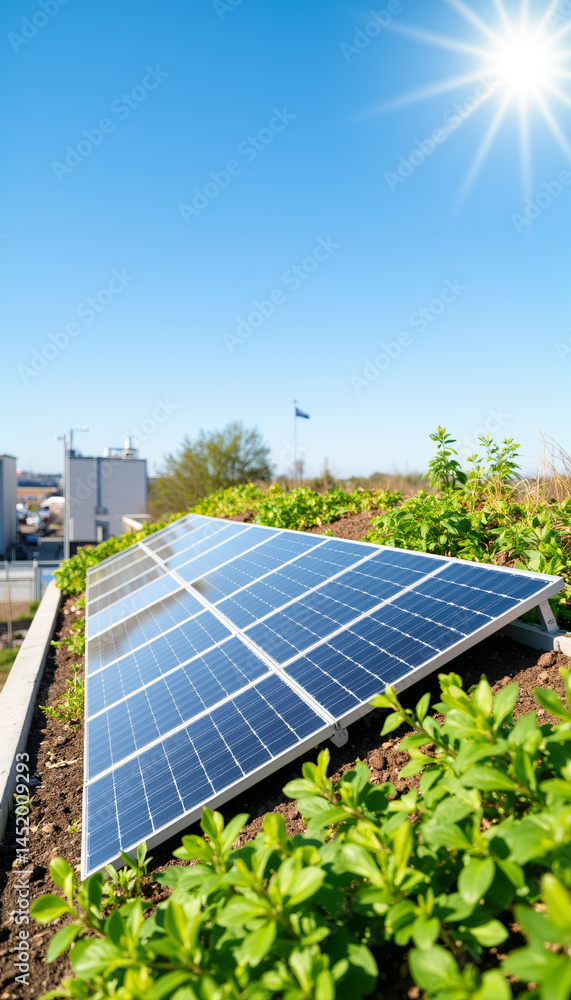 Fototapeta premium Solar panels generating energy in a bright rooftop garden