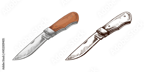 Hand drawn vintage colored and black sketch of folding pocket knife for camping, hiking and outdoor adventure isolated