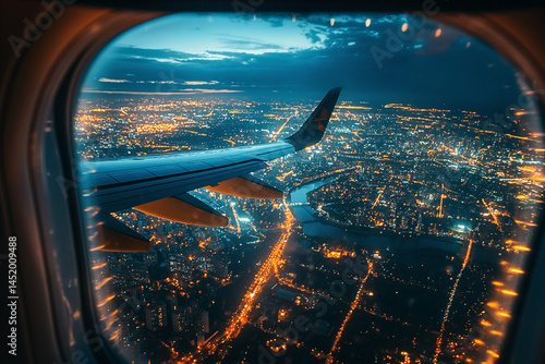 A view of a city from an airplane window at night