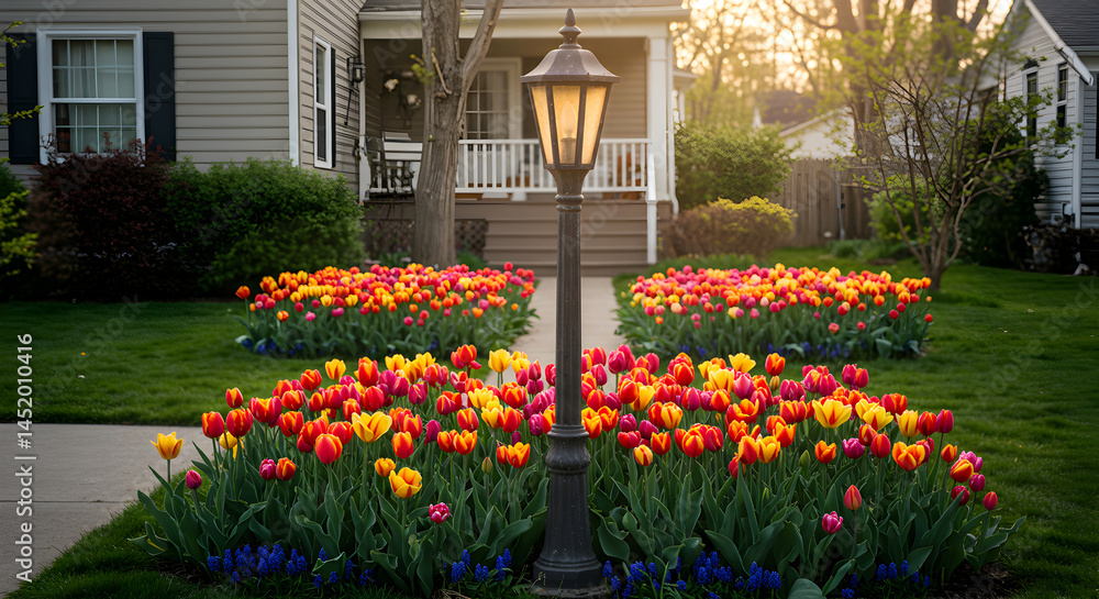 Beautiful Tulip Pathway Leading To Charming Suburban Home At Sunset Beautiful Tulip Pathway Leading To Charming Suburban Home At Sunset