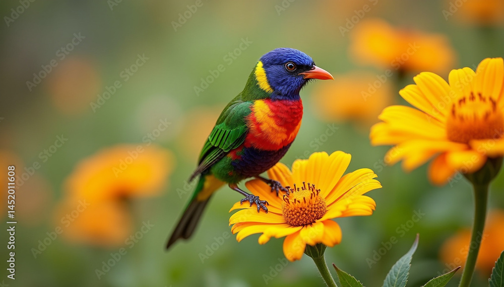 Obraz premium Vibrant Yellow Tropical Bird Perched on Blooming Flower in Natural Habitat