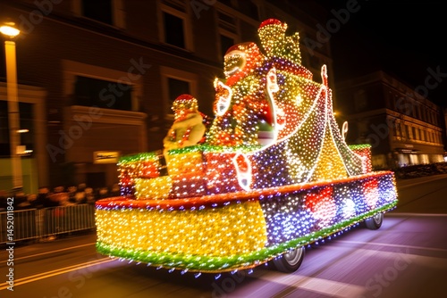 Wide angle of brightly lit christmas parade float moving down city street at night crowd blurred