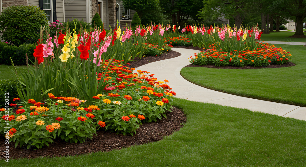 Fototapeta premium Scenic Pathway Through A Vibrantly Blooming Summer Garden Display With Flowers