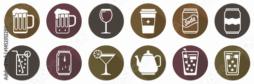 Vector icons of drinks in circles, including beer, wine, coffee, tea, soda, and water