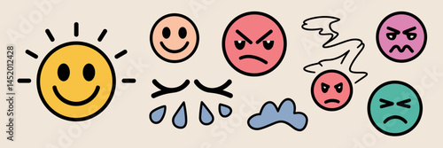 Vector sheet of icons illustrating various emotional expressions – Ideal for content on mood management, mental health resources, or psychological studies.