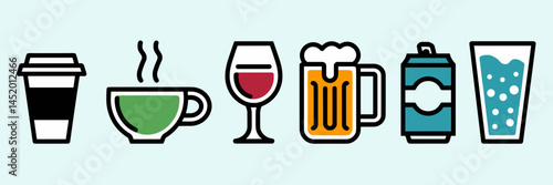 Vector illustration of various drinks including coffee, tea, wine, beer, and soda in a row