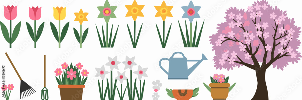 Fototapeta premium Vector sheet with spring plants and flower icons – Ideal for garden-related graphics, spring promotions, or nature-themed content.