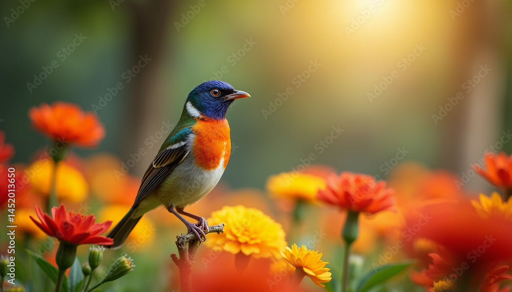 Colorful Bird Perched on Flowering Branch in Vibrant Spring Meadow Colorful Bird Perched on Flowering Branch in Vibrant Spring Meadow