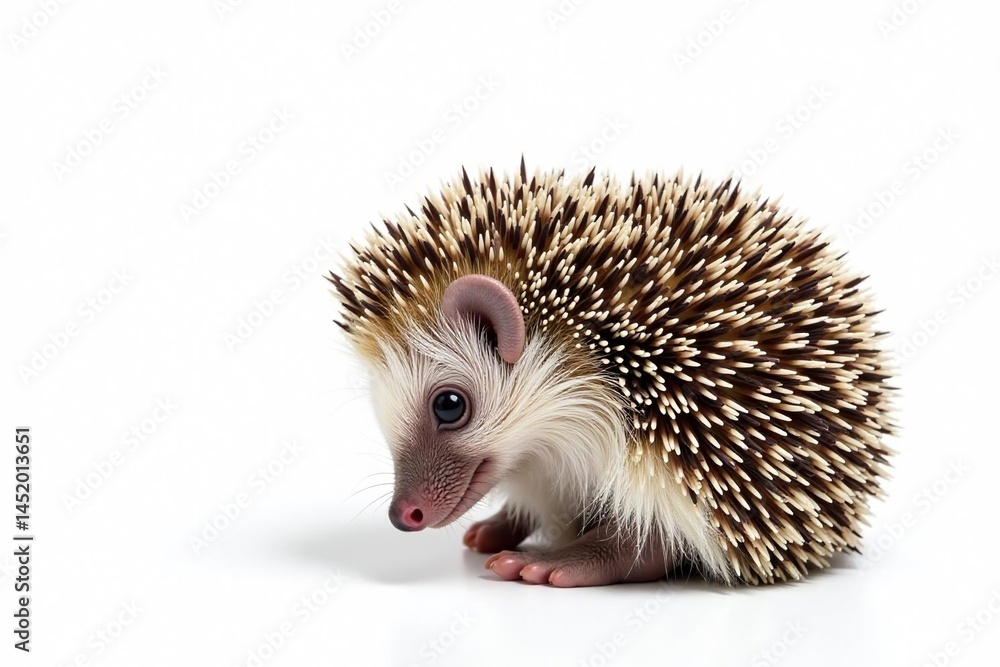Obraz premium A tiny hedgehog, curled into a ball, isolated on pure white , pet, hedgehog portrait, nighttime