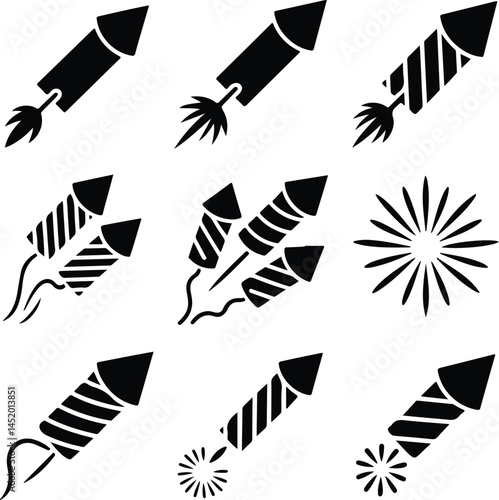 Firework Rocket Silhouette Set | Festival & Celebration Icons Fireworks Icon Bundle | Rocket Silhouettes for Holiday Design