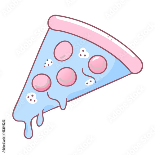 Colorful cartoon pizza slice with toppings and melting cheese  