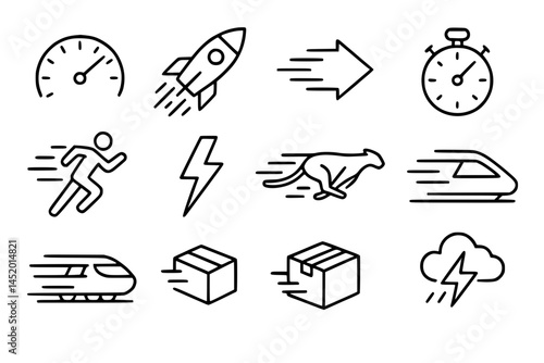 Speed and Delivery Icons.speed, delivery, speedometer, rocket, arrow, timer, running, lightning, cheetah, train, package, shipping, cloud, fast, motion, velocity, quick, rapid, dash, transport, 