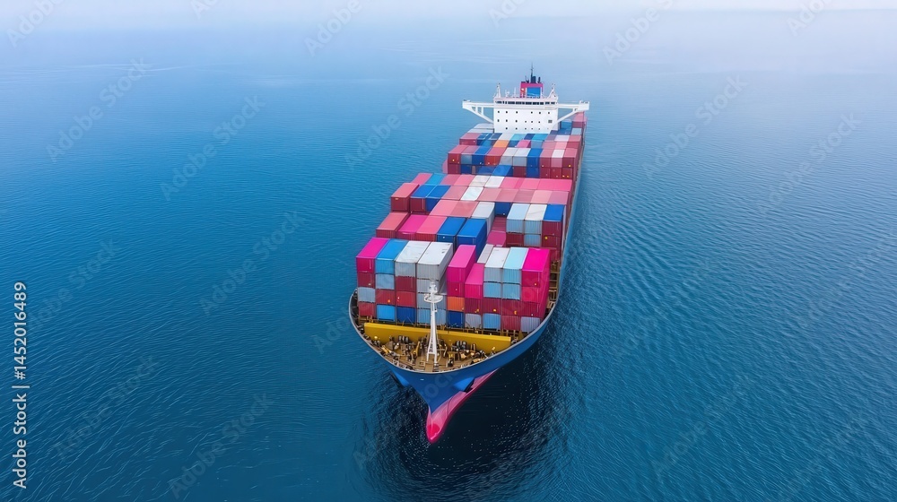 Fototapeta premium A large cargo ship carrying colorful shipping containers sails across calm blue ocean waters.