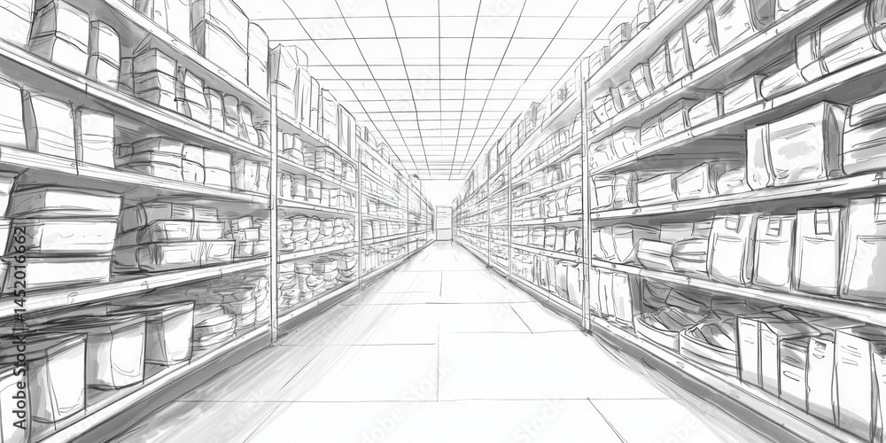 Illustration depicting a supermarket aisle with various product displays. Illustration depicting a supermarket aisle with various product displays.