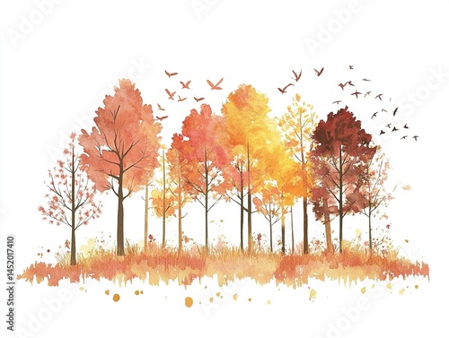 Fantasy forest silhouette drawn in soft watercolor style, vibrant autumn colors blend harmoniously on a clean white background, dreamy feel in fairy tale book illustration style