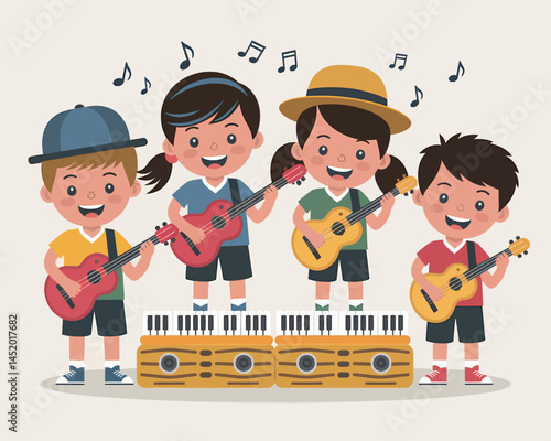 Cheerful Children Play Guitars Together at Music Class