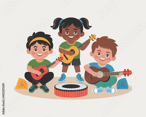 Cheerful Children Playing Ukulele and Drums in a Band