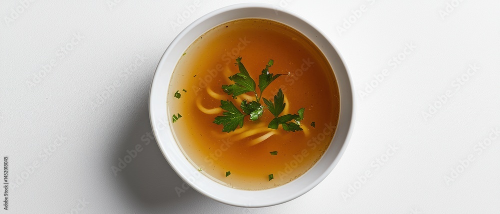 Golden chicken broth with noodles and parsley in a white ceramic bowl Golden chicken broth with noodles and parsley in a white ceramic bowl