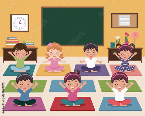 Kids Enjoying Yoga Class in School Classroom Vector Illustration