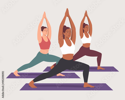 Women Practicing Warrior Pose in Group Yoga Session Illustration