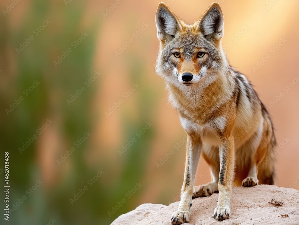 a coyote standing on a rock looking at the camera a coyote standing on a rock looking at the camera