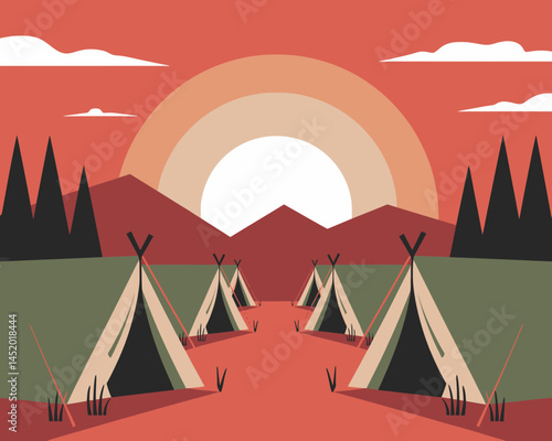 Tranquil Tent Village Under Sunset in Nature Illustration