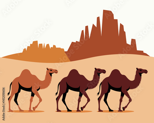 Caravan of Camels Walking Through Desert Landscape Vector Graphic