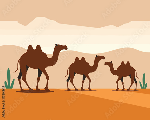 Caravan of camels walk through desert landscape illustration