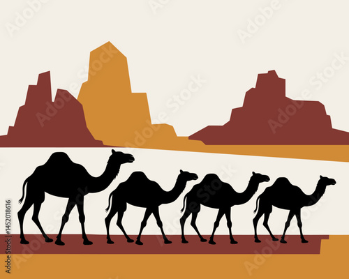 Silhouette Camel Caravan through Desert at Sunset Illustration
