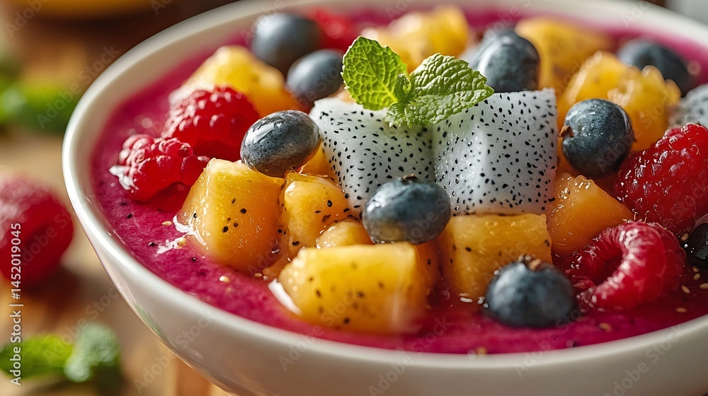 Slightly angled close up of dragon fruit smoothie bowl focusing base bright topping Soft natural light brings out freshness of dragon fruit enhances vibrant color of topping making look energetic Slightly angled close up of dragon fruit smoothie bowl focusing base bright topping Soft natural light brings out freshness of dragon fruit enhances vibrant color of topping making look energetic