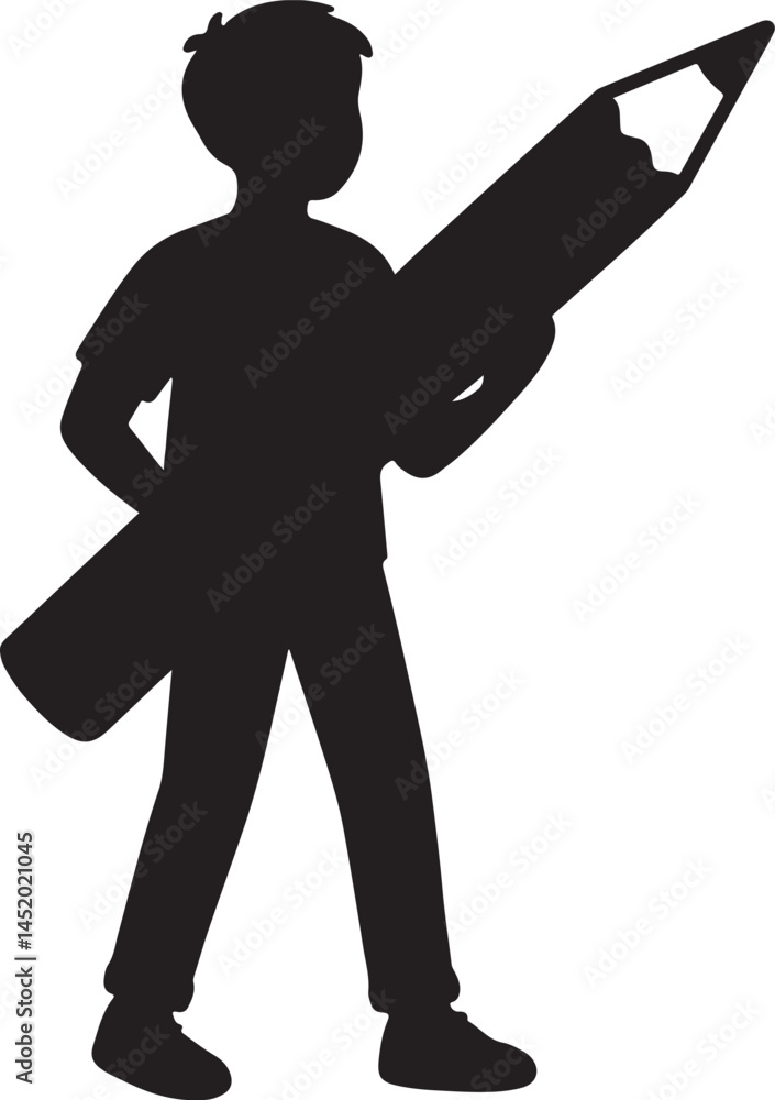 silhouette of a boy hold big pencil vector art illustration silhouette of a boy hold big pencil vector art illustration