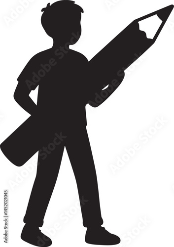 silhouette of a boy hold big pencil vector art illustration 