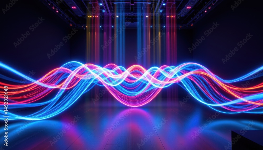 an abstract light sculpture in a dark room, created from pulsewave energy