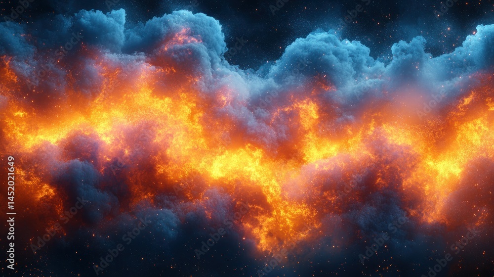 Fototapeta premium Fiery, swirling clouds against a dark sky. Blazing orange and yellow flames interweave with dark, stormy blue clouds