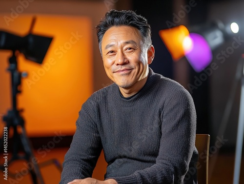 man in studio lighting with positive expression