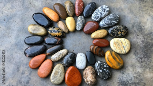 Arrangement of polished, colorful stones in a circle on a concrete surface.