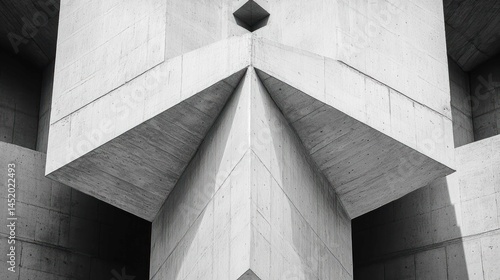 Abstract view of a brutalist concrete building with strong geometric shapes.
