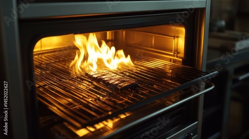 Roasting ribs inside oven, a burst of flames, hot food.