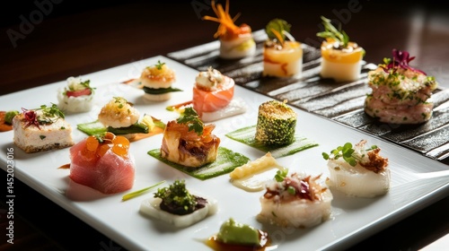 Elaborate sushi appetizer display in elegant, modern style and presentation.