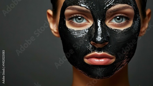 Close up portrait of a woman with a black facial mask for skincare treatment.