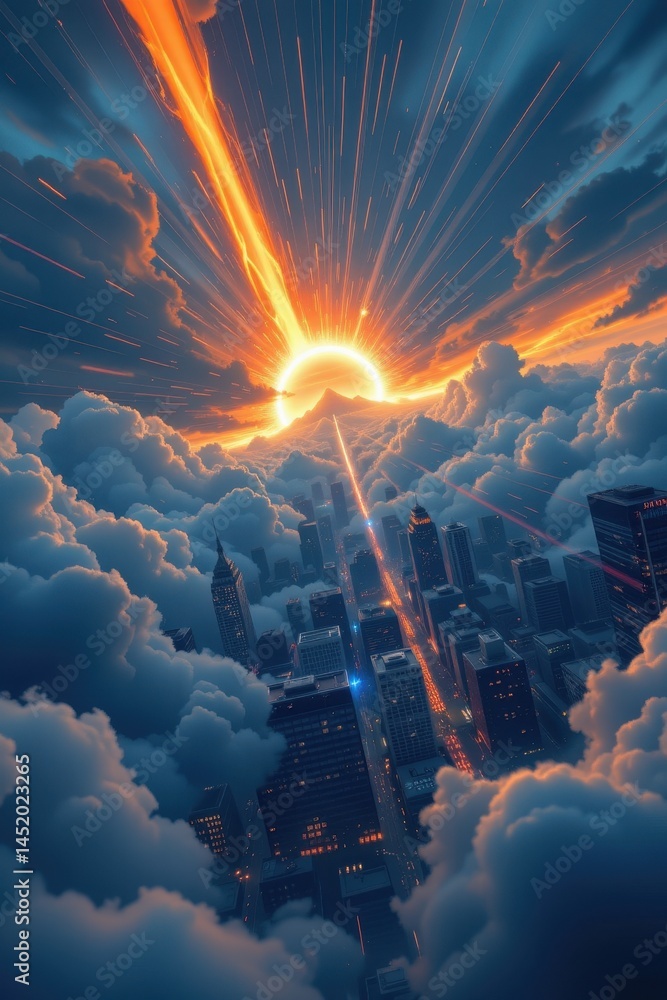 a glowing pulsewave traveling through the atmosphere above a city
