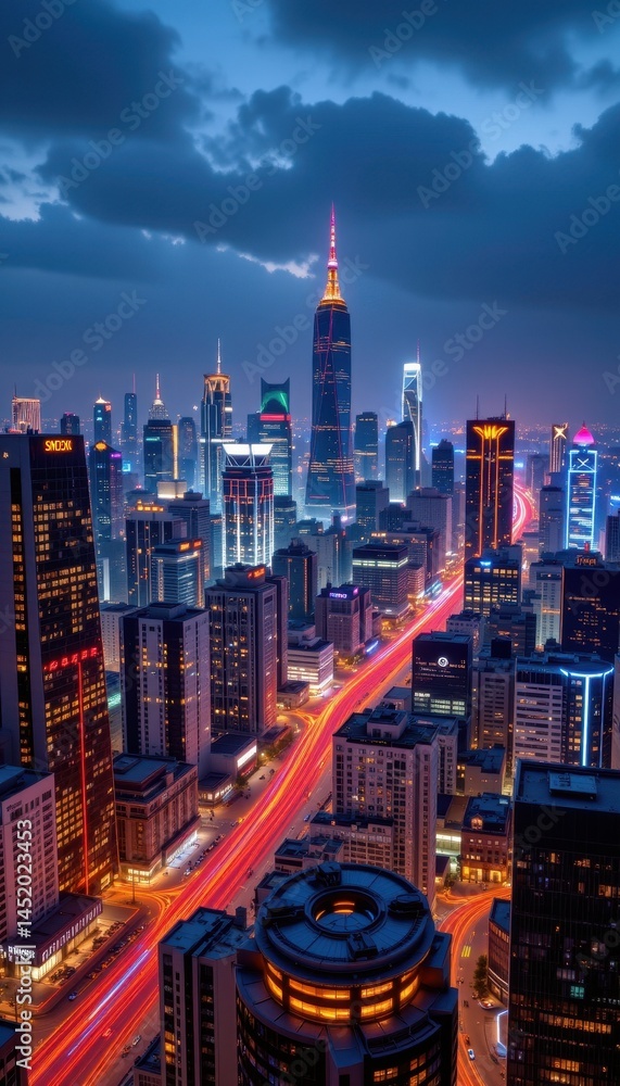 a futuristic city skyline at night, with pulsewave lights flowing across the buildings