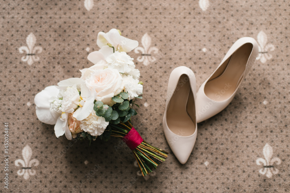 Wedding Bouquet and White High Heels on Carpet