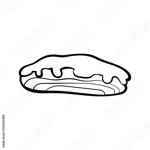 Minimalist vector doodle of an eclair with shiny glaze and cream filling. Clean, outlined style. Ideal for bakery designs, dessert menus, or sweet-themed products. Flat vector illustration.